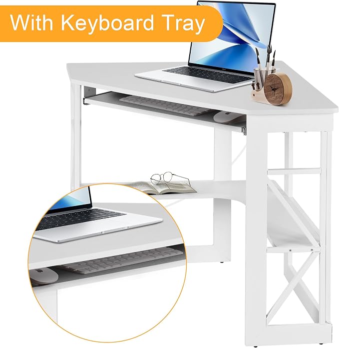 VECELO Corner Desk, Triangle Computer Desk for Small Space with Charging Station and Keyboard Tray, Corner Makeup Table with Storage Shelves for Home Office Bedroom, 41x30, White - Image 5