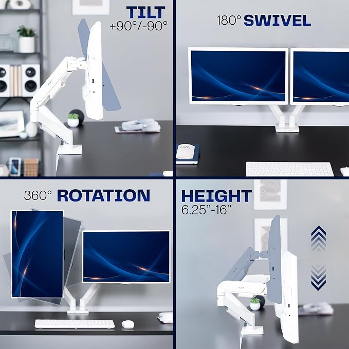 VIVO Dual Monitor Stand, Fully Adjustable Arms for 17 to 32 inch Screens, Mechanical Articulating Desk Mount, Gaming and Office Setups, VESA 75x75, 100x100, Max 19.8 lbs, Classic, White, STAND-V002OW - Image 8