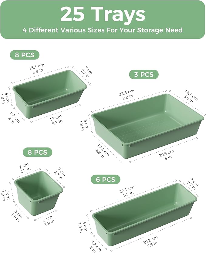 BiuLeon 25 PCS Plastic Drawer Organizers Set, 4-Sizes Vanity and Makeup Organizer, Desk and bathroom Drawer Organizer Trays, Organizers and Storage for Makeup, Jewelry, Gadgets, Utensils (Green) - Image 2