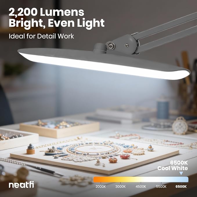 Neatfi XL 2200 Lumens 24W LED Desk Lamp – Shadow-Free Task Lighting | 4-Level Dimming | Home Office & Crafts Use | 20-Inch Wide Head (Silver, Non-CCT with Clamp) - Image 6
