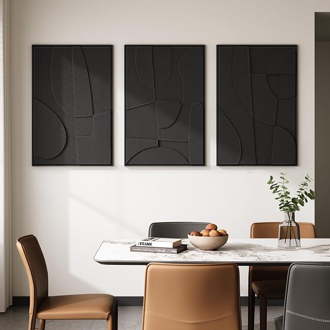 Large 3D Textured Framed Black Abstract Wall Art for Living Room, 3 piece Modern Minimalist Geometric Texture Artwork for Walls, Sandstone Art Pictures for Bedroom Hallway Office Wall Decor 24x36 In - Image 4