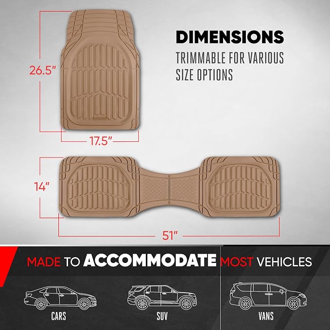 Motor Trend FlexTough LITE Rubber Car Mats Full Set - All Weather Floor Mats for Trucks, Cars & SUVs - Automotive Waterproof Beige Car Floor Mats for Cars Interior Accessories Universal Trim-to-Fit - Image 3