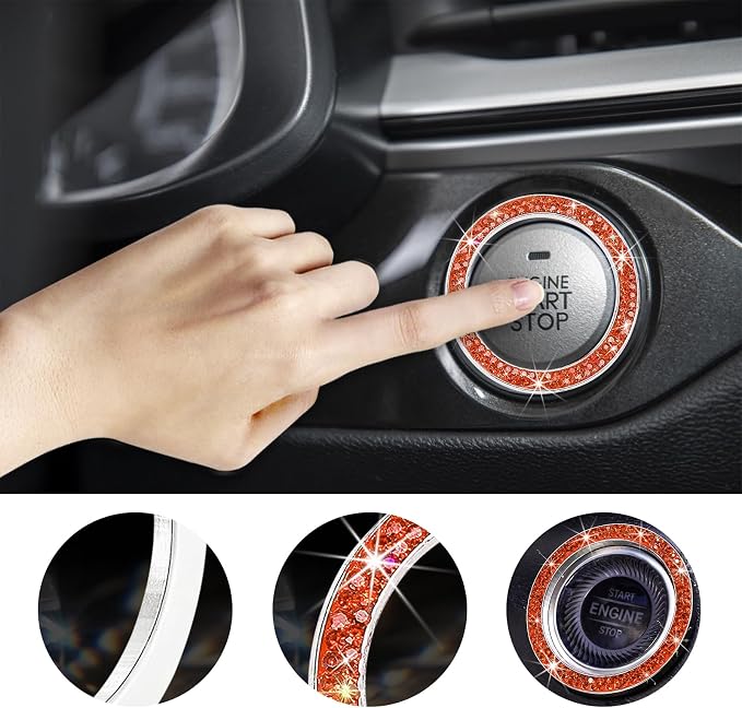 Kewucn 2 PCS Bling Crystal Double Rhinestone Car Engine Start Decoration Ring, Sparkling Push Start Button Sticker, Key Ignition & Knob Ring Decoration, Bling Car Interior Accessory(Orange) - Image 4
