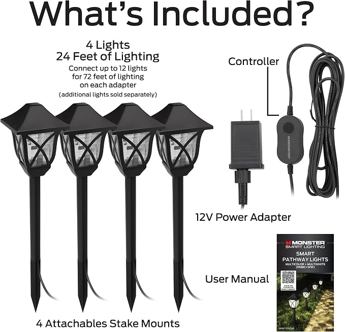 Monster Smart RGB+IC+WW Pathway Lights with 4 Dimmable LED Lights - Sound Reactive Garden Light, Weatherproof IP44 Outdoor Lighting - Compatible with Alexa, Google Assistant, Siri, Monster App - Image 6