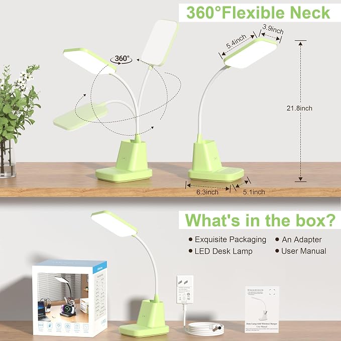 LED Desk Lamp with 10W Wireless Charging & Pen Holder, Light Green | CRI 95, 800LM, Stepless Dimming, 3 Modes, 360°Flexible Arm, Touch, Study Table Lamp for Home Office, Dorm Room, with Adapter - Image 5
