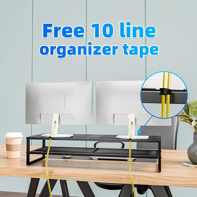 Simple Trending 2-Tier Dual Monitor Stand with Mouse Pad, Metal, Black | 32"W x 10"D x 7"H. Mesh cooling. Holds 100 lbs. Bottom tier fits keyboard & Xbox. Non-slip base. Free mouse pad. - Image 3