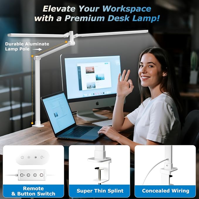 Airlonv LED Desk Lamp, Double Swing Arm Wide Lighting Area Desk Lamps for Home Office with Stepless Dimming, Eye-Caring Architect Desk Light with Clamp for Reading, Study, Workbench, Drafting(White) - Image 4