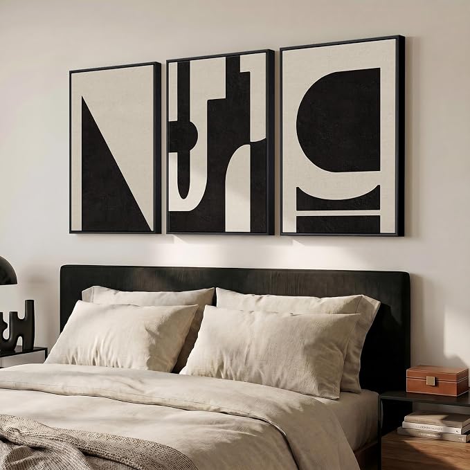 Large Framed Neutral Abstract Geometric Wall Art Set, 3 Piece Modern Minimalist Artwork for Walls, Black and Beige Canvas Prints Pictures Wall Decor for Living Room Bedroom Dining Room Office 24x36 In - Image 5