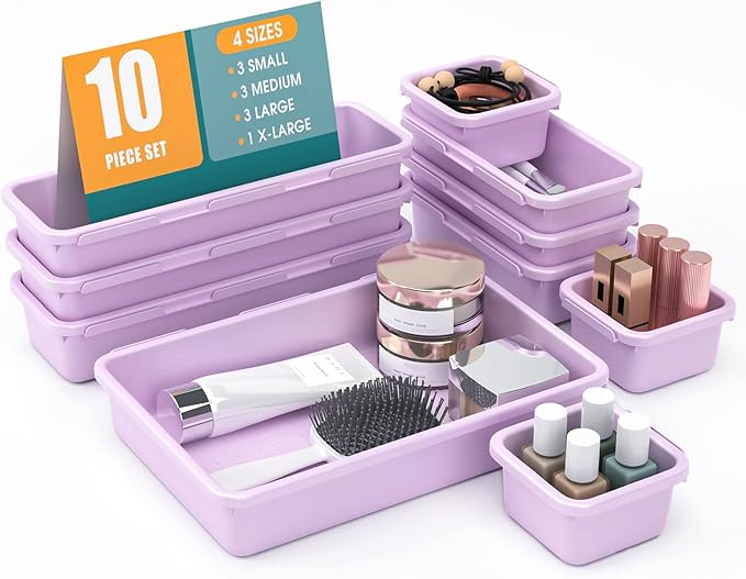 10 PCS Drawer Organizer Set, 4 Size Makeup Drawer Divider Organizer With Non-Slip Pads, Interlocking Plastic Storage Bins for Office,Jewelry Vanity,Gadgets, Bathroom,Kitchen, Purple by StoreHappily