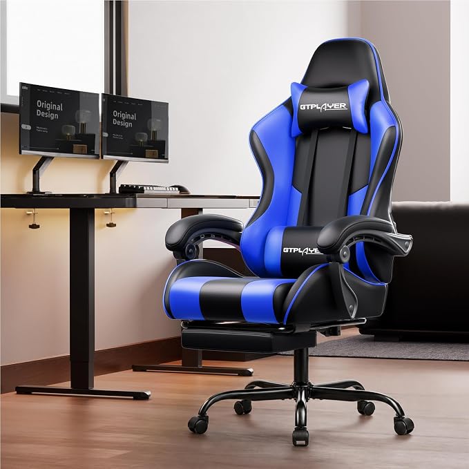 GTPLAYER Gaming Chair, Computer Chair with Footrest and Lumbar Support, Height Adjustable Game Chair with 360°-Swivel Seat and Headrest and for Office or Gaming (Faux Leather, Blue) - Image 2