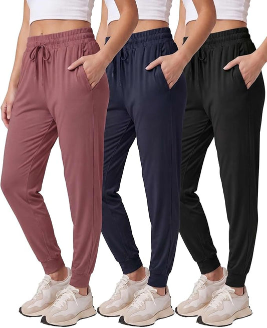 3 Pack Women's Lounge Joggers Sweatpant Active Athletic Yoga Workout Pocket | Available in Plus Size, Ladies Casual, Drawstring Gym Pants, Sleep Bottoms, Hiking, Running, Fitness, Exercise, Pajama, Soft by RealEssentials