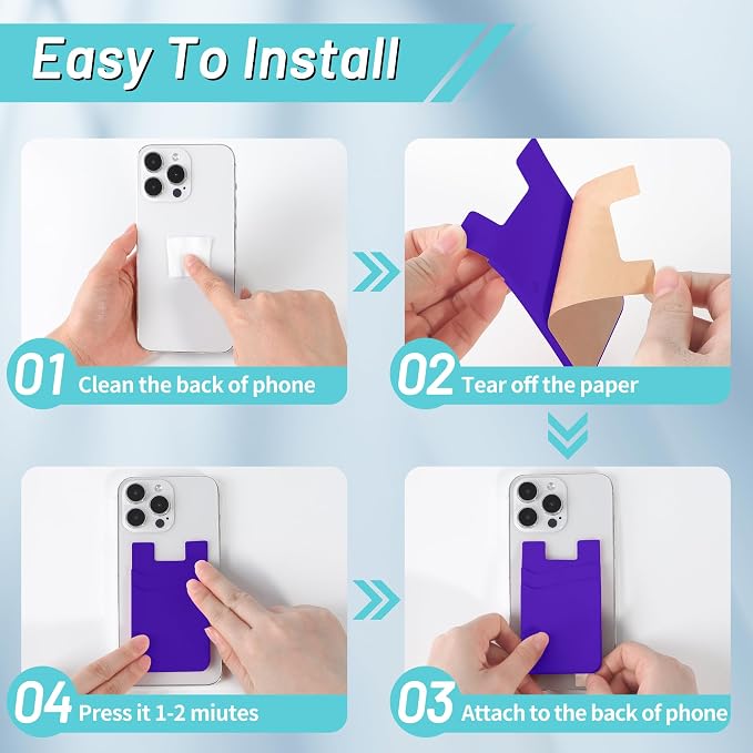 SHANSHUI Phone Card Holder, 3 Pack Cell Phone Sleeves Silicone Wallet for Credit ID Business Card Pocket Fitting for iPhone, Android and Most Smartphones - Black Purple Blue - Image 6