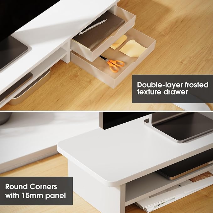 Fenge Monitor Stand, Dual Monitor Riser, 42.5inch Large Desk Computer Monitor Stand Riser with Drawer, 2 Tier Wood & Acrylic Desktop Organizer for Computer, Laptop, Printer, TV Screen Riser - Image 4