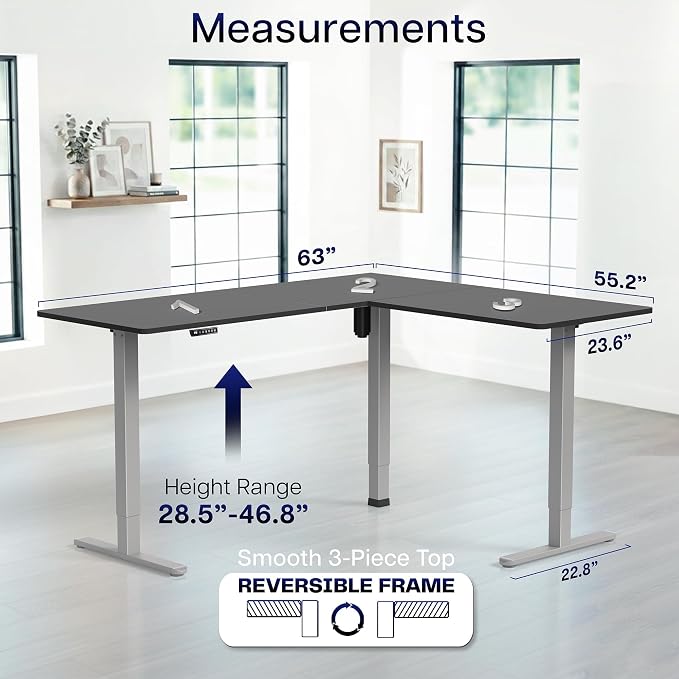 VIVO Black 63 x 55 in Corner Standing Desk, DESK-E3CTGB | Electric, Reversible L-Shaped Table, Sit Stand, Height Adjustable, Memory Controller, Office Furniture Sets, Gray Frame - Image 5