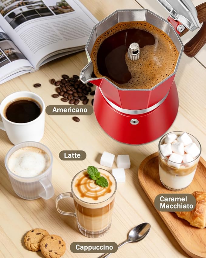 Coffee Maker Stovetop Espresso Maker 12 Cup Aluminum Moka Pot Percolator 20oz 600ml Easy Brewing for Electric Ceramic Stoves Home Camping Italian Cuban Café Classic Red - Image 4