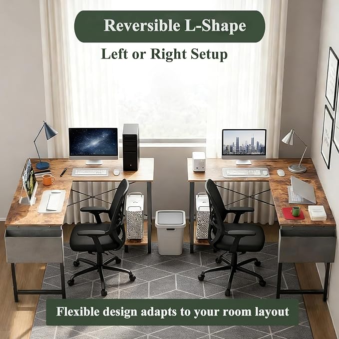 L Shaped Desk Computer Desk, 50inch Brown Gaming Desk with CPU Stand | Reversible Corner Desk, Storage Bag, Sturdy Metal Frame, Student Study Writing Table for Home Office - Image 7