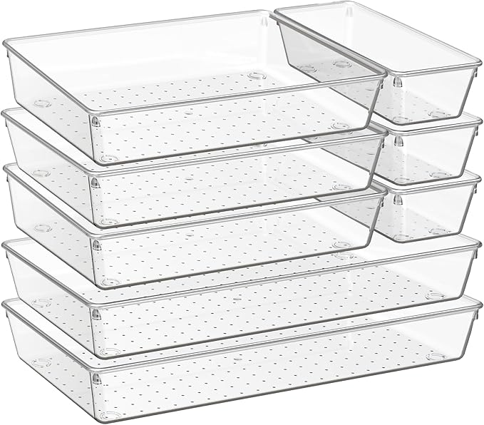 Criusia 8 Pack Drawer Organizer for Kitchen Gadgets, Large Clear Plastic Drawer Divider for Kitchen Accessories, Bathroom Organizers and Storage, Home Essentials for Makeup and Vanity Accessories by Criusia