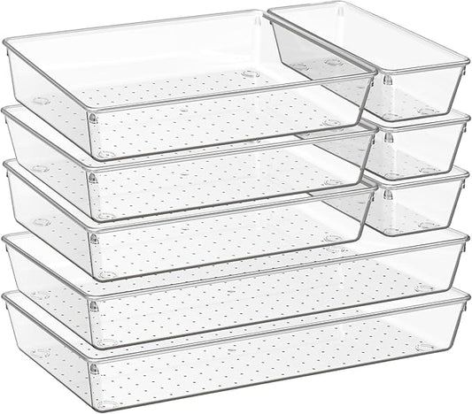 Criusia 8 Pack Drawer Organizer for Kitchen Gadgets, Large Clear Plastic Drawer Divider for Kitchen Accessories, Bathroom Organizers and Storage, Home Essentials for Makeup and Vanity Accessories by Criusia