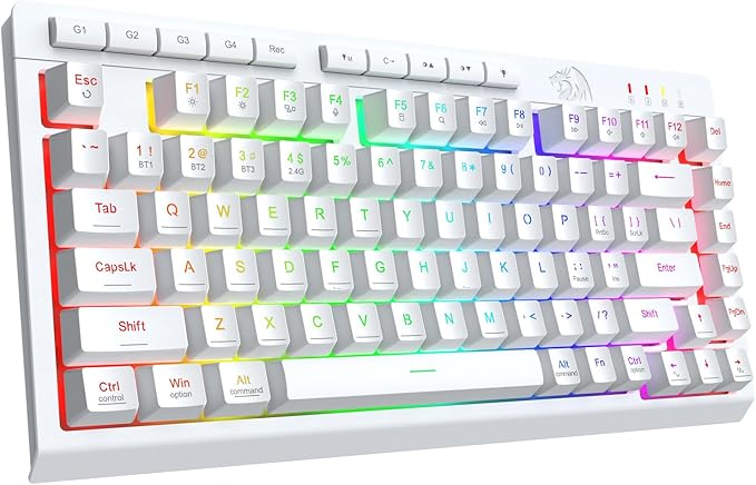 Redragon Wireless Gaming Keyboard, Portable 75% Compact,RGB Backlit, White | Bluetooth/2.4GHz/USB-C Wired, Mini Quiet Macro Membrane Keyboard, Rechargeable 4000mAh Battery, Anti-Ghosting for Win/MAC by REDRAGON