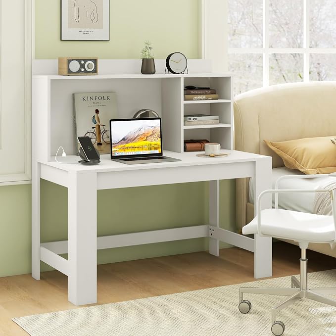 Giantex Computer Desk with Hutch, Modern Home Office Desk with Power Outlets, Storage Shelves & Cable Hole, Makeup Vanity Table, Study Writing Desk for Bedroom Office Small Space, White - Image 8