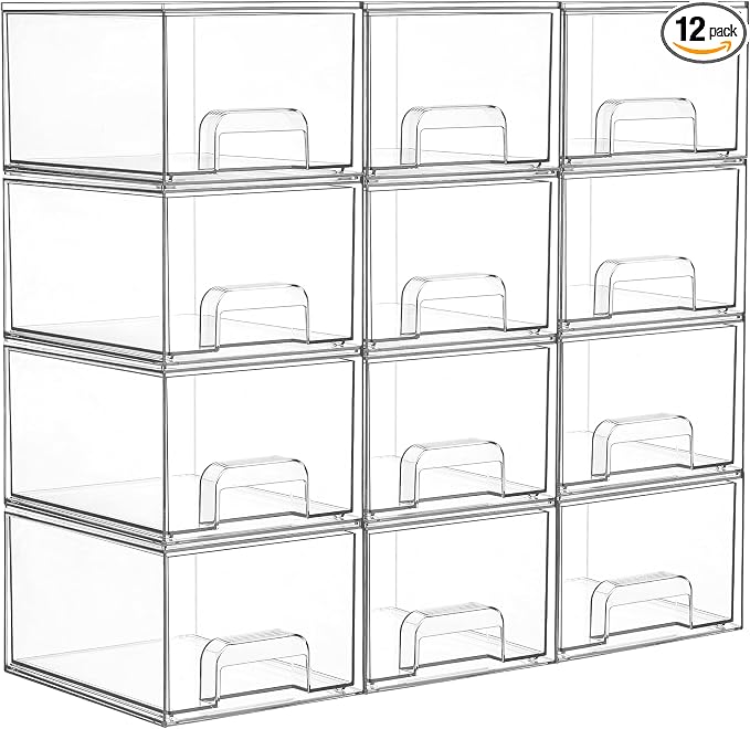 Vtopmart 12 Pack Small Clear Stackable Storage Drawers, Acrylic Bathroom Makeup Organizer, Plastic Storage Bins For Vanity, Undersink, Kitchen Cabinets, Pantry, Home Organization by Vtopmart