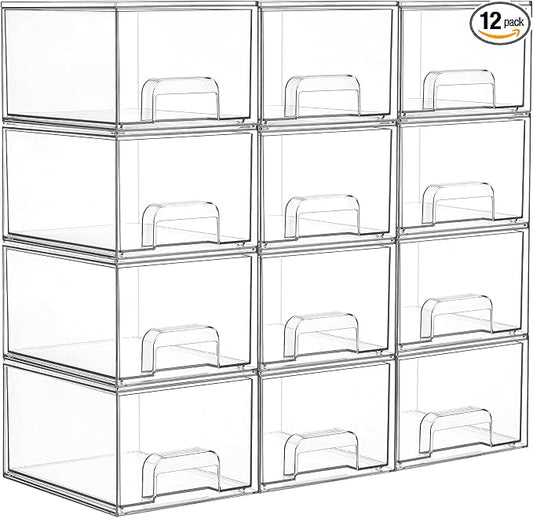 Vtopmart 12 Pack Small Clear Stackable Storage Drawers, Acrylic Bathroom Makeup Organizer, Plastic Storage Bins For Vanity, Undersink, Kitchen Cabinets, Pantry, Home Organization by Vtopmart