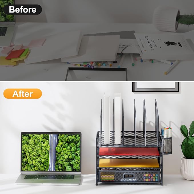 Marbrasse Desk Organizers, 4-Tier Mesh Desk File Organizer with 5 Vertical File Holders and 2 Pen Holders, Multifunction Desktop Organizer,Desk Organizers and Accessories for Home Office (Gray) - Image 5