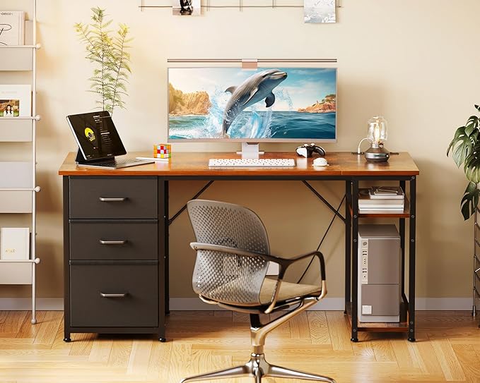 AODK 51 Inch Computer Desk with Drawers & USB Power Outlets | Reversible Home Office Desk with Storage Shelves, Work from Home, Modern Work/Writing/Study Table for Bedroom, Vintage - Image 2