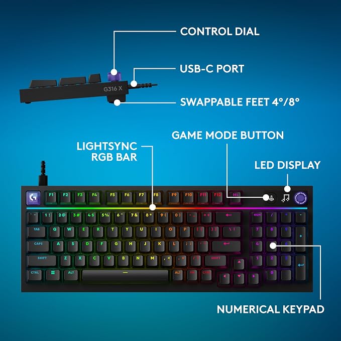 Logitech G316 X 98 Mechanical Gaming Keyboard (Tactile) - Black | Hot-Swappable Tactile Mechanical Switches, Gasket Design, PBT Keycaps, <8Khz, LIGHTSYNC RGB, Dot-Matxix LED Display, USB-C - Image 11