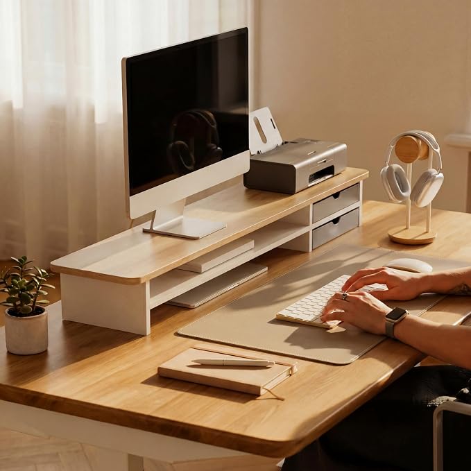 Fenge Monitor Stand, Dual Monitor Riser, 42.5inch Large Desk Computer Monitor Stand Riser with Drawer, 2 Tier Wood & Acrylic Desktop Organizer for Computer, Laptop, Printer, TV Screen Riser - Image 5