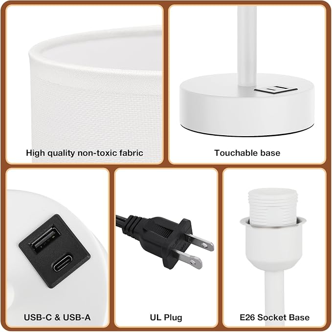 Dicoool Bedside Table Lamp for Bedroom - 3-Way Dimmable Touch Lamp, USB A+C | LED Bulb Included, 14" Small Nightstand Lamp for Desk, Living Room, Guest Room, White Fabric Lampshade, White Metal Base - Image 6