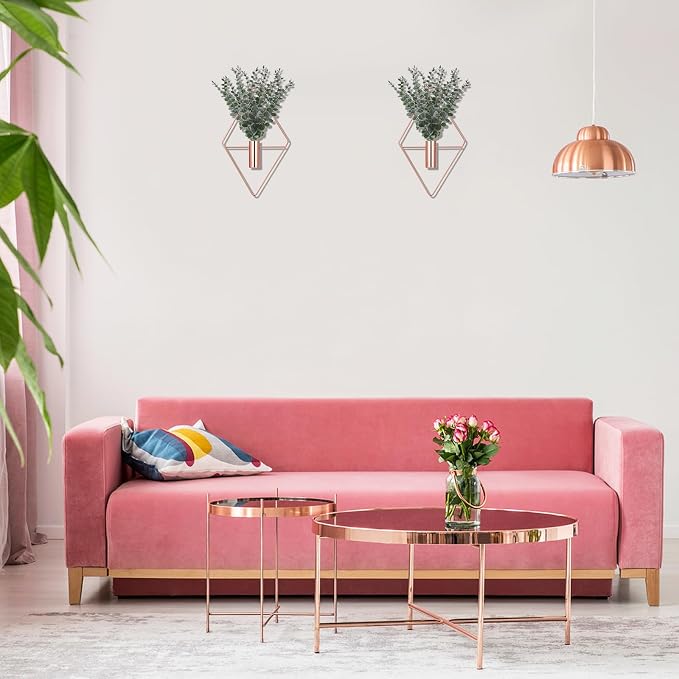Jexine 4 Pcs Hanging Planters with Artificial Eucalyptus Metal Hanging Vase Indoor Plants Holder Modern Geometric Boho Bathroom Wall Decor for Living Room Home Office (Eucalyptus,Rose Gold) - Image 4