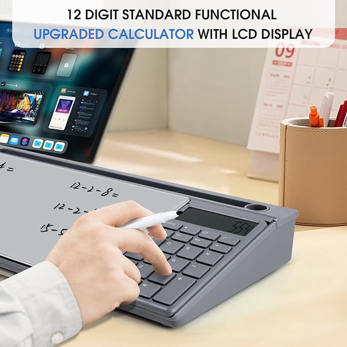 Varhomax Glass Desk Whiteboard Gray with Calculator, Desktop Organizer Dry Erase White Board with Storage, to Do List Memo Notepad for Home Office and School Supplies - Image 3