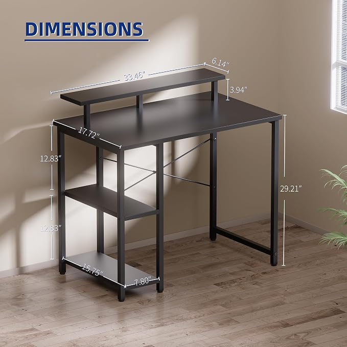 Pamray 33.5 Inch Small Computer Desk with Monitor Stand and Shelves | Sturdy, Space-Saving, Easy Assemblely, Suitable for Bedroom, Office, Apartment and Dorm, Used for Writing and Studying - Image 3