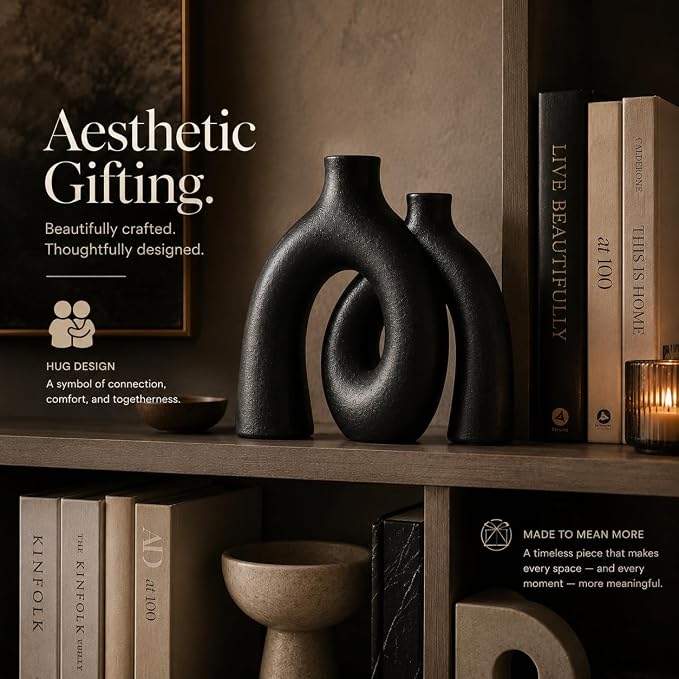 Jas & Jax Matte Black Ceramic Hug Donut Vase Set – Nordic Boho Home Decor, Pampas Grass & Dried Flowers Centerpiece for Living Room, Console Table, Bookshelf or Mantel - Image 6