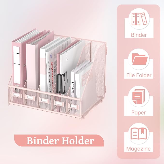 SUPEASY Desk Organizers Metal Desk Magazine File Holder with 5 Vertical Compartments Rack File Organizer for Office Desktop, Classroom, Home Workspace, Pink Plus - Image 5