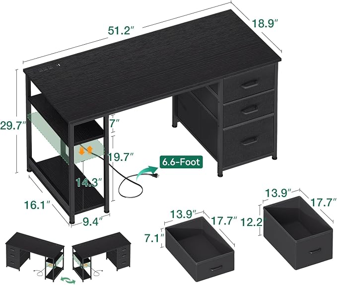 AODK 51 Inch Computer Desk with Drawers & USB Power Outlets | Reversible Home Office Desk with Storage Shelves, Work from Home, Modern Work/Writing/Study Table for Bedroom, Black - Image 3