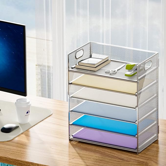 Marbrasse 2 Pack Desk Organizer with Handle, 6 Tier Paper Letter Tray, Mesh Desk File Organizer for Office, School and Home - Silver - Image 6