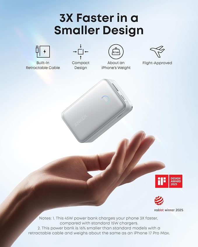 Anker Nano Power Bank, 45W 10,000mAh Portable Charger, iPhone Battery Pack | Built-In Retractable USB-C Cable, for iPhone 17 / 16 Series, iPad, Galaxy, Pixel, and More, Compact Travel Design - Image 4