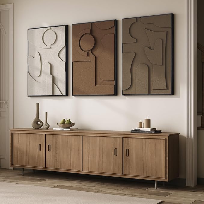 Large Framed 3D Textured Wall Art for Living Room, Set of 3 Abstract Geometric Wall Decor, Modern Neutral Brown Minimalist Pictures Artwork for Bedroom Dining Room Hallway Office, 24x36 Inch - Image 4