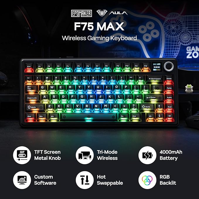 EPOMAKER X Aula F75 MAX Wireless Mechanical Keyboard with TFT Screen and Knob, Gasket Keyboard in 75% Layout, Hot Swappable Gaming Keyboard for PC/Mac/Linux (Matte Black) - Image 2
