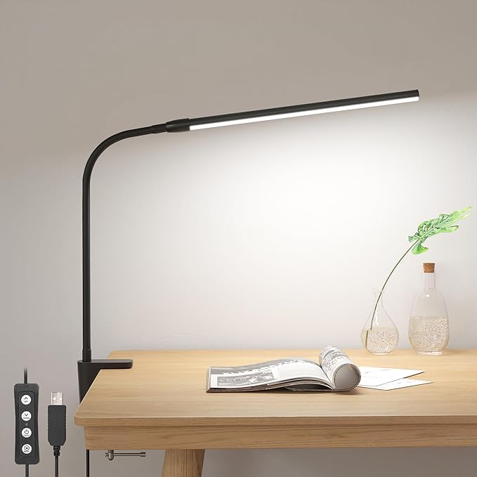 Lepro Clip on Desk Lamp, LED Reading Light with Clamp, 460LM 5W, Black | 3 Color Modes 10 Brightness, Dimmable, USB Small Desk Light with Gooseneck Swing Arm for Nail, Home Office and Dorm by Lepro