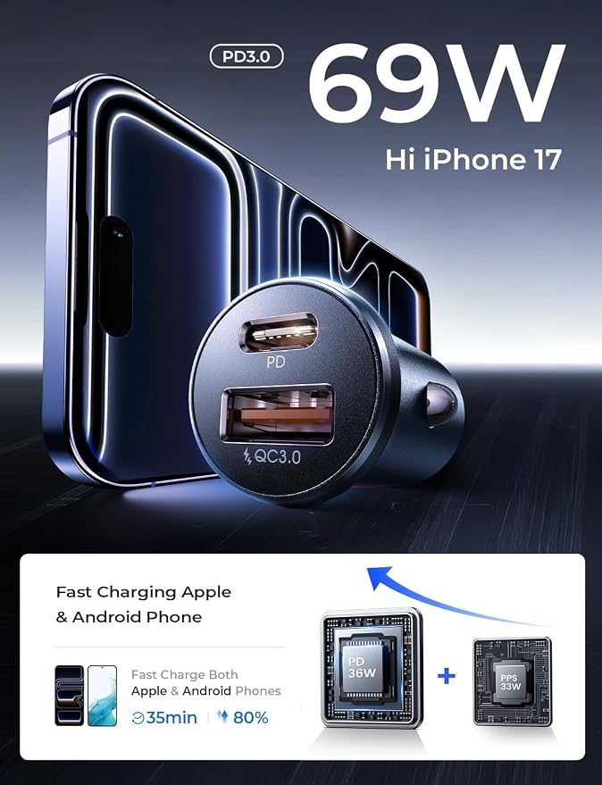 LISEN Car Charger USB C, 69W Cigarette Lighter USB Charger Adapter, Car Accessories Gifts for Men, Mini USBC Cars Fast Charging Adapter USBC Type C 12V Plug Outlet, for iPhone 17 Pro Max 16 15 14 13 - Image 3