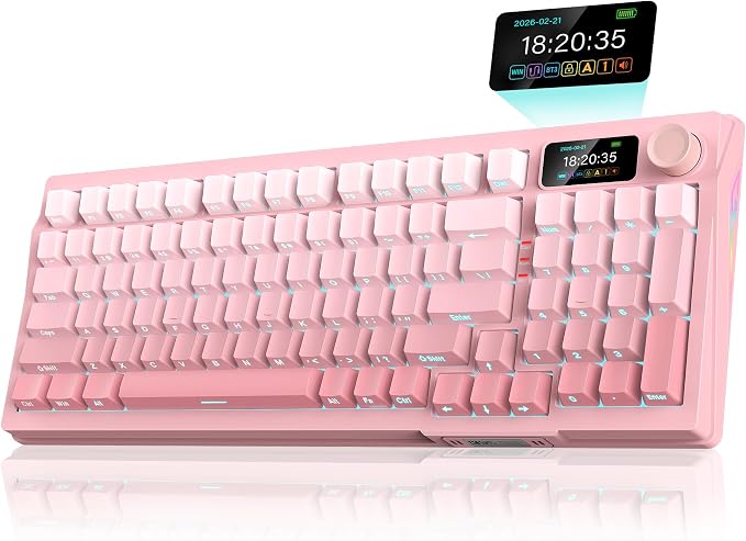RedThunder K95 Wireless Mechanical Keyboard, TFT Screen & Knob, Triple-Mode, Custom Gasket Mount Hot-Swap, Pre-lubed Linear Pink Switches, RGB Backlit, Side-Printed PBT Keycaps, Gradient Sakura Pink by RedThunder