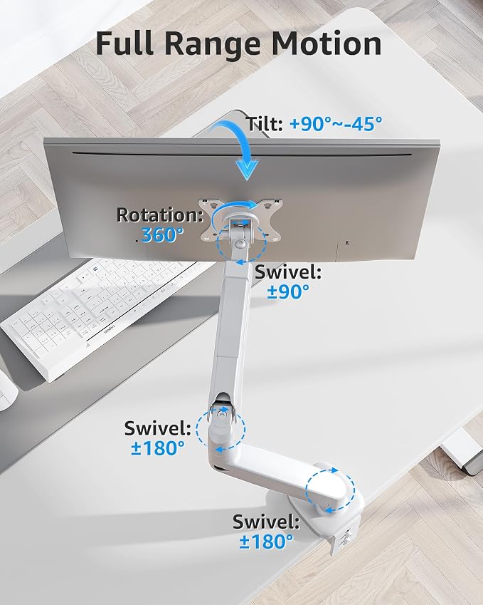 MOUNTUP Single Monitor Desk Mount Holds Screen up to 32 inch, Height Adjustable Monitor Arm, Full Motion Computer Monitors Stand with Clamp/Grommet Base, VESA Mounts Fit 4.4-17.6lbs Computer, White - Image 5