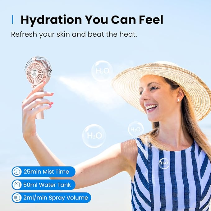 KIBEE Portable Misting Fan, 4000mAh Rechargeable Handheld Fan with 50ml Water Tank, Foldable 180° Mini Fan with Mist Spray, 3-Speed Personal Cooling Fan for Travel, Makeup, Concerts, Outdoor Use, Pink - Image 2