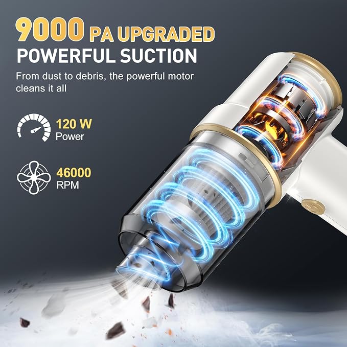KMM Handheld Car Vacuum Cleaner, 9000PA Vacuum Cleaner & Air Duster, 120W High Power Vacuum Portable Cordless, Hand Held Vacuum Rechargeable with Multi-Nozzles & LED Light for Home, Car, Office - Image 2