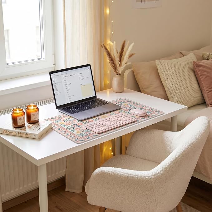 iCasso Aesthetic Mouse Pad for Office Decor,23.6x13.7in,Pink Floral | Desk Matt for Desktop,Anti-Slip Mousepad with Stitched Edges for Laptop Computer Keyboard,Smooth Water-Resistant - Image 9