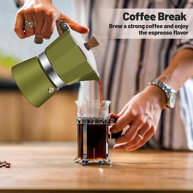 3 Cup Aluminum Moka Pot Classic Stovetop Espresso Coffee Maker 150ml 5oz Coffeemaker Percolator Mocha Pot Greca Coffee Maker Cafe Makers for Italian and Cuban Café Brewing Green - Image 9