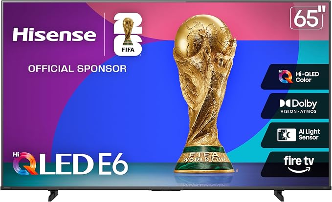 Hisense 65" E6 Cinema Series Hi-QLED 4K UHD Smart Fire TV (65E6QF) -AI Light Sensor, Dolby Vision · Atmos, Voice Remote with Alexa, Motion Rate 120, HDR 10+ Adaptive, Game Mode Plus by Hisense